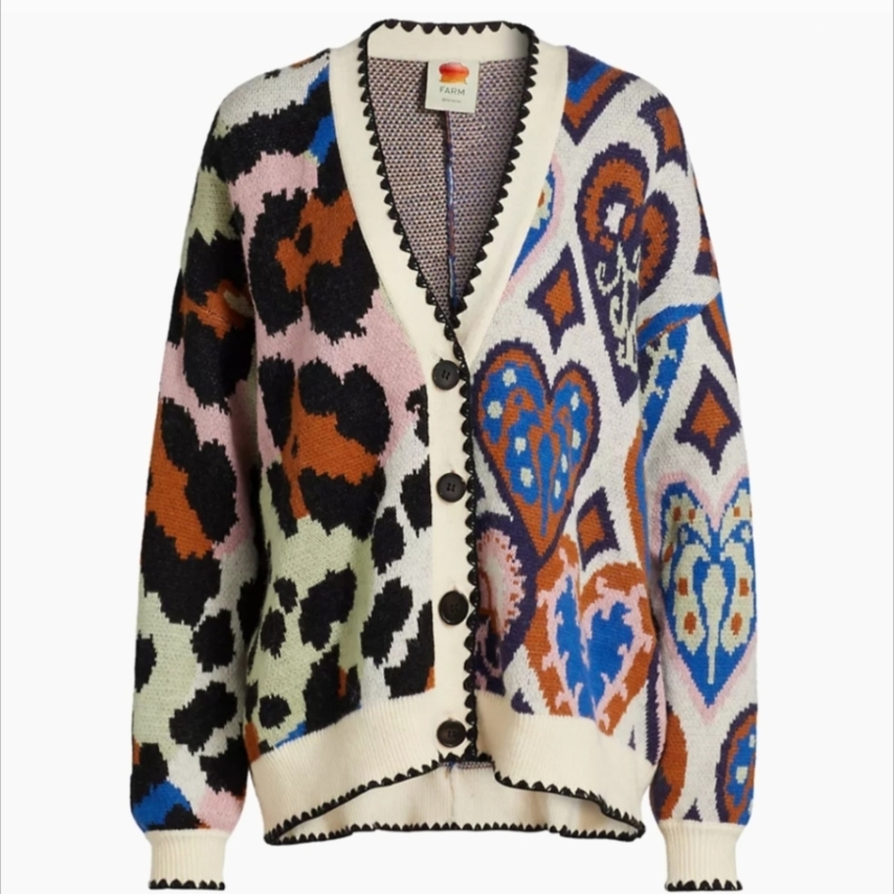 FARM RIO Mixed Ikat Hearts Multicolor Cardigan Sz XS NWT